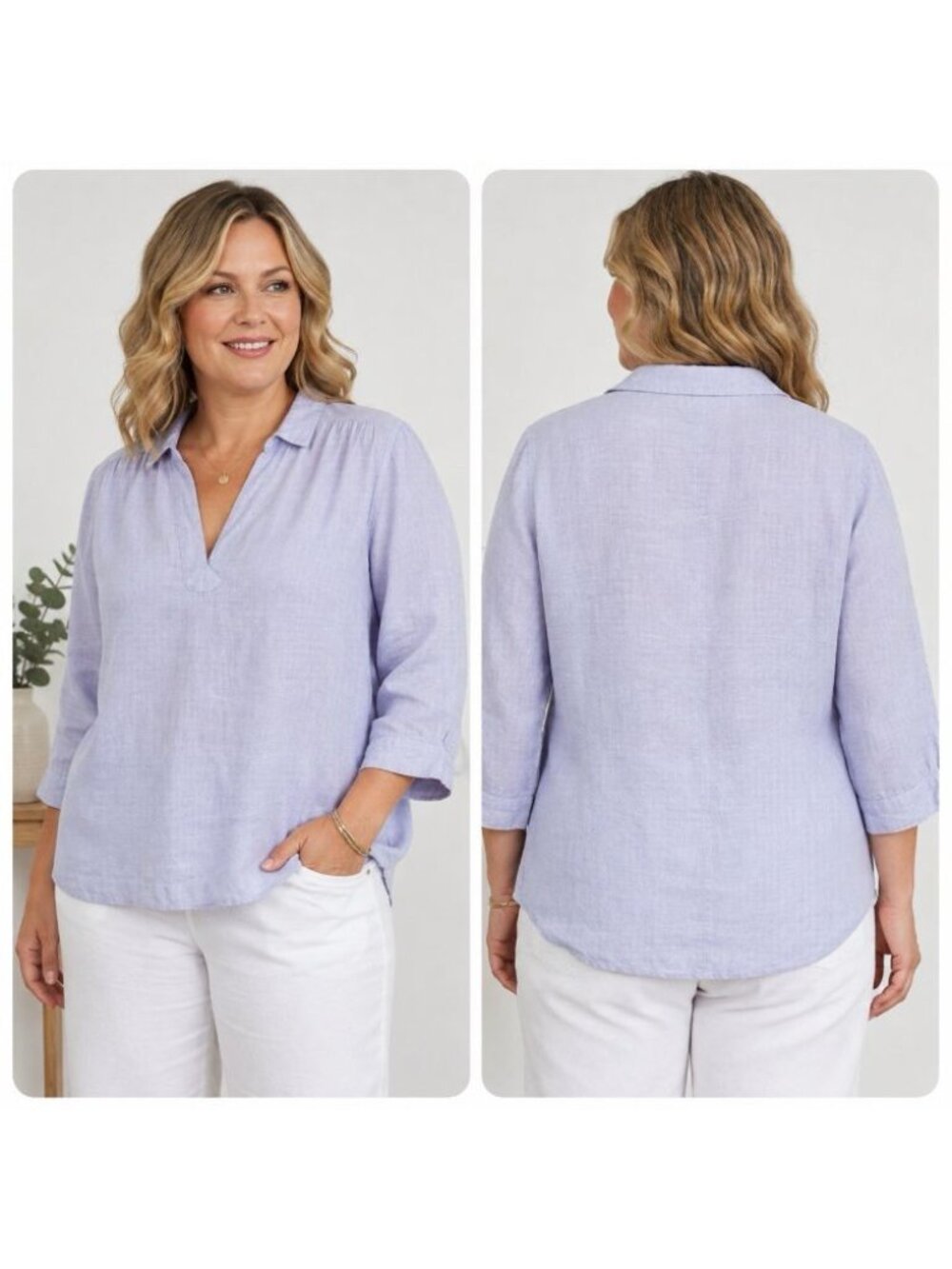 Sigrid Olsen Top Shirt Womens Large Blue Linen Long Sleeve Coastal Classic Basic